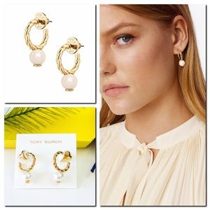 Tory Burch Rope Pearl Logo Bead Hoop Earring